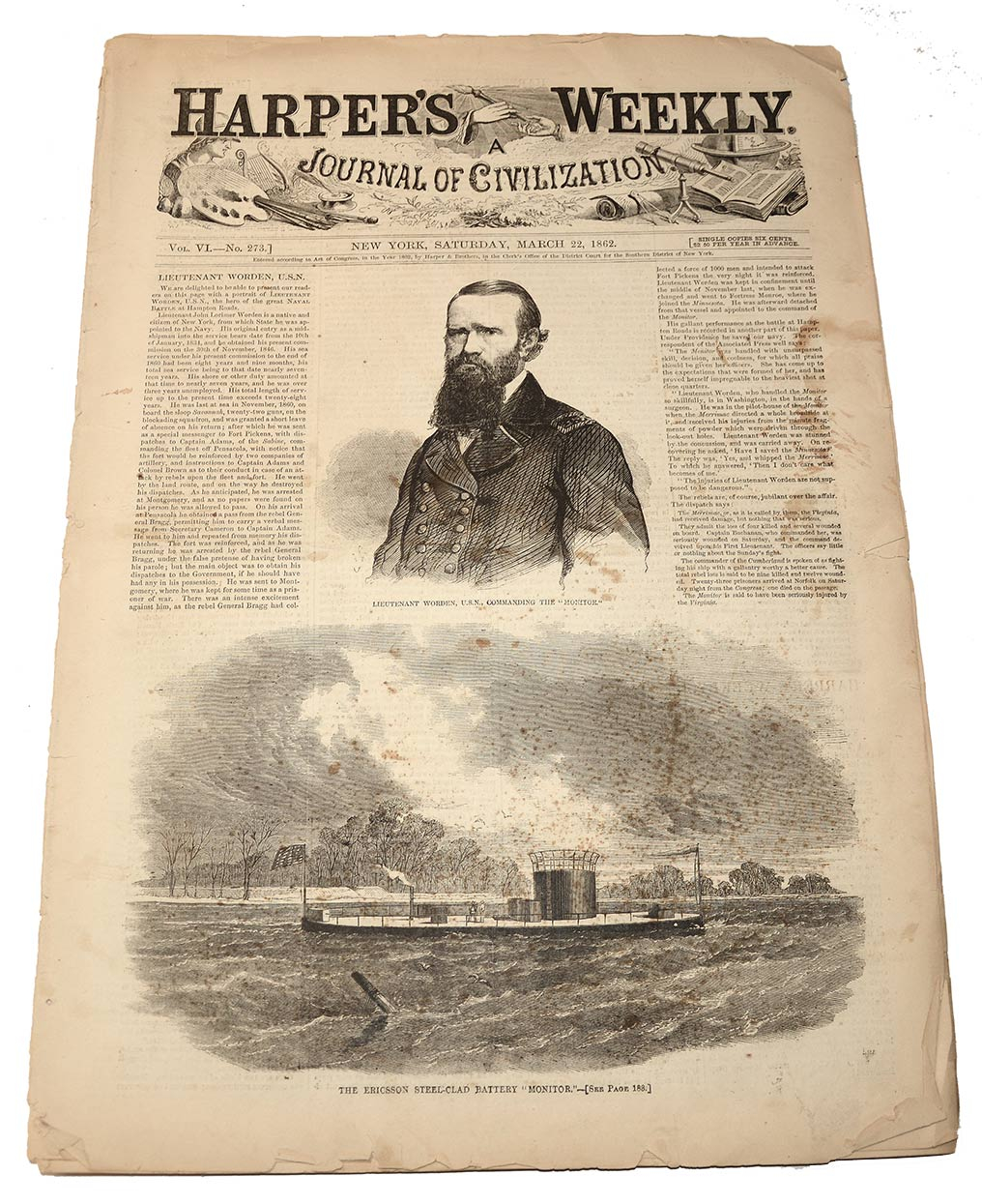 HARPER’S WEEKLY, NEW YORK, MARCH 22, 1862 – MONITOR & MERRIMAC