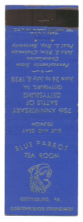 GETTYSBURG 75TH ANNIVERSARY SOUVENIR MATCHBOOK COVER – BLUE PARROT TEA ROOM