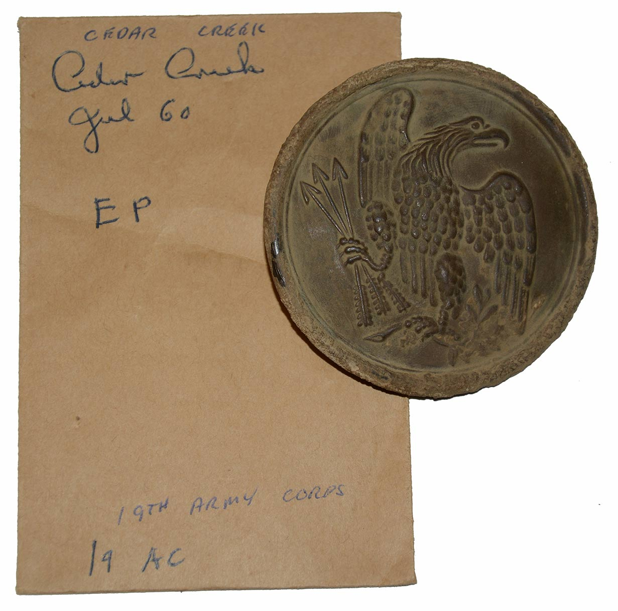 RELIC U.S. ENLISTEDMAN’S EAGLE BREAST PLATE FROM CEDAR CREEK, RECOVERED BY SID KIRKSIS