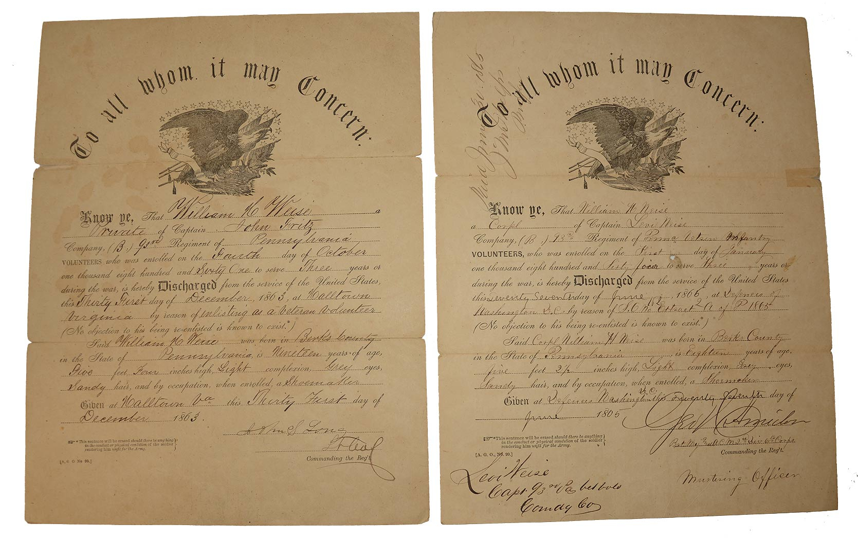 PAIR OF DISCHARGES FOR WILLIAM WEISE, 93RD PENNSYLVANIA INFANTRY