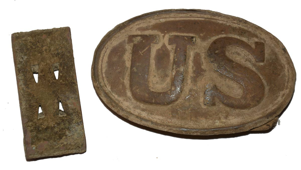 RELIC, PATTERN 1839 OVAL BELT PLATE WITH LEATHER AND KEEPER, DUG NEAR ORANGE, VA