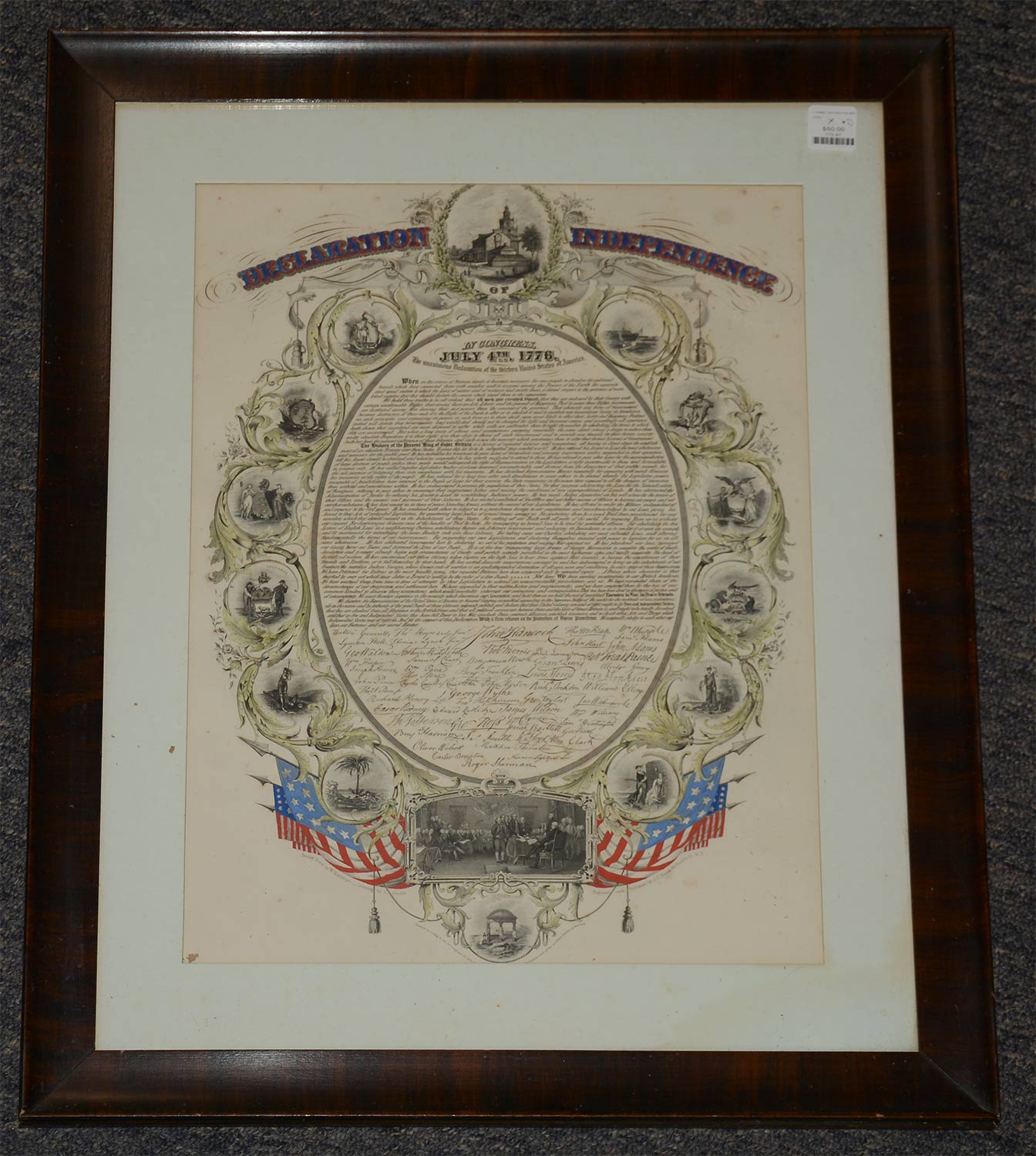 FRAMED COLORFUL RENDITION OF THE DECLARATION OF INDEPENDENCE PRINTED IN 1856