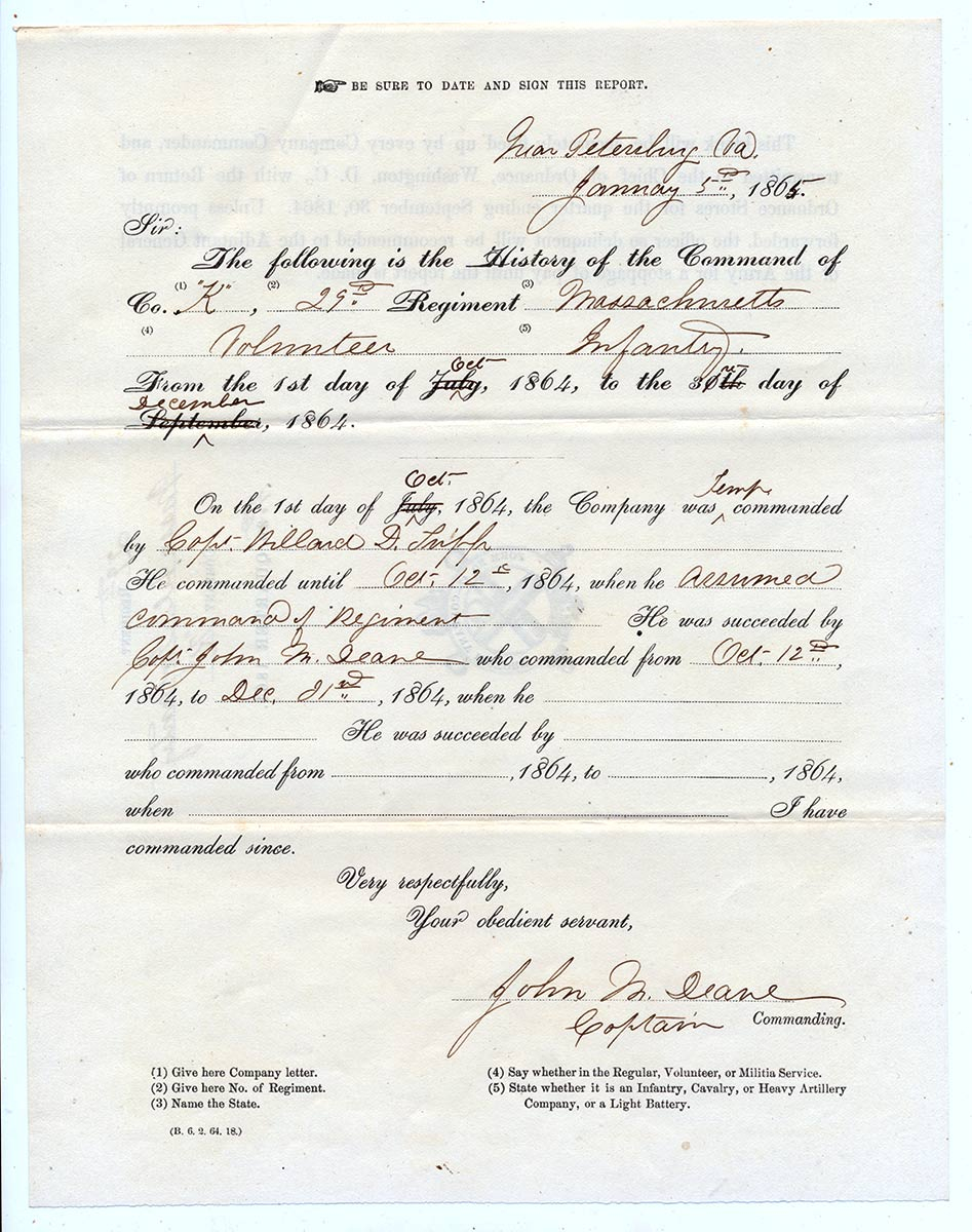 1865 HISTORY OF COMMAND DOCUMENT – CO. K, 29TH MASS INFANTRY--CAPTAIN JOHN M. DEANE
