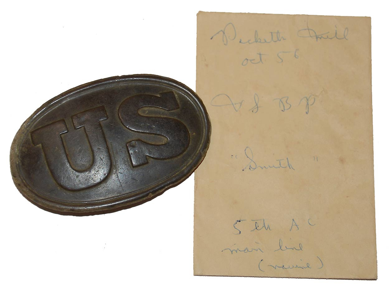 MAKER MARKED OVAL US BELT PLATE DUG AT PICKETT’S MILL BY SID KERKSIS IN 1956
