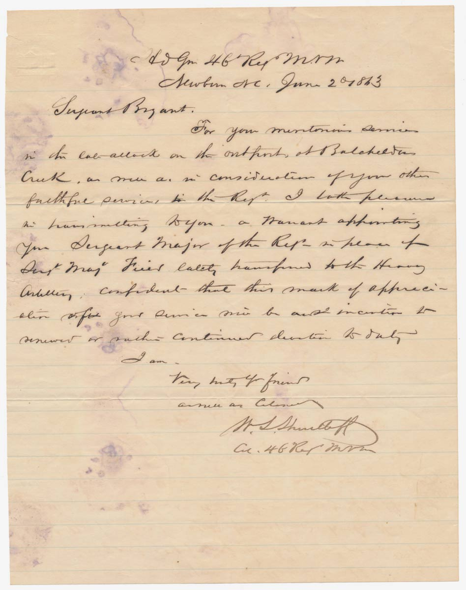 1863 LETTER OF PROMOTION AND COMMENDATION FOR ANDREW BRYANT, 46TH MASSACHUSETTS – RECIPIENT OF MEDAL OF HONOR FOR ACTIONS AT BATCHELDER’S CREEK (NEW BERN, NC)
