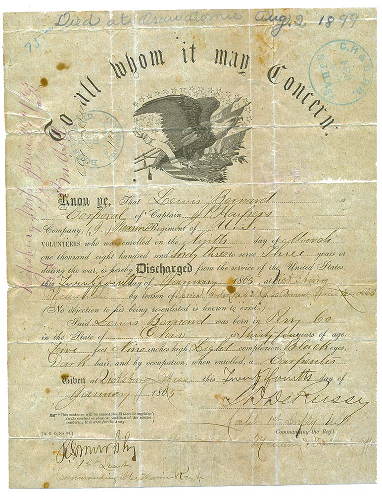 UNION DISCHARGE / PENSION DOCUMENTS  - CORPORAL LEWIS BERNARD, CO. “I”, 101ST INDIANA INFANTRY & CO. “I”, 1ST REGT, MISSISSIPPI MARINE BRIGADE