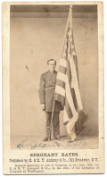 POST-WAR CDV IMAGE OF SERGEANT GILBERT BATES 1ST WISCONSIN HEAVY ARTILLERY, KNOWN FOR WALKING ACROSS THE SOUTH CARRYING THE AMERICAN FLAG 