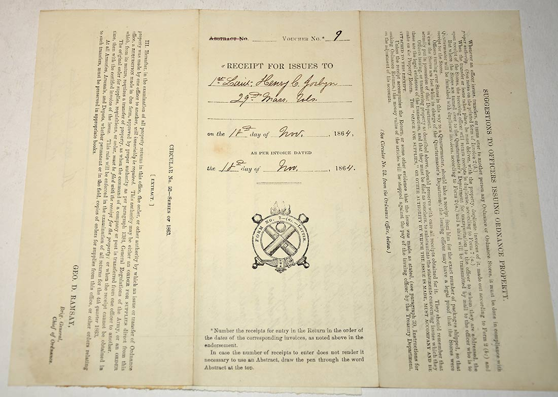 NOV. 1864 UNION ORDNANCE DOCUMENT - CAPTAIN JOHN M. DEANE, 29TH MASS ...