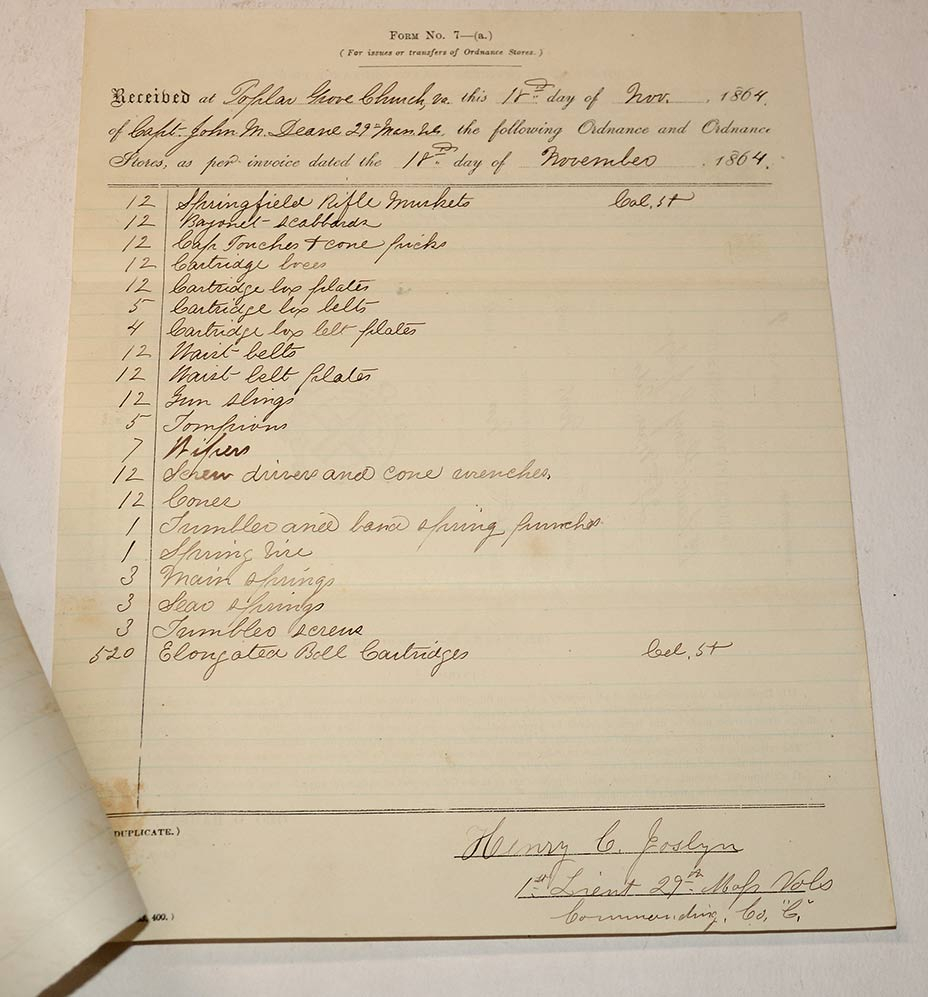 NOV. 1864 UNION ORDNANCE DOCUMENT - CAPTAIN JOHN M. DEANE, 29TH MASS ...