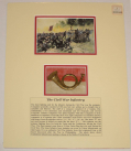 ATTRACTIVE DISPLAY WITH ORIGINAL US INFANTRY HORN INSIGNIA AND FRAGMENT OF CIVIL WAR PERIOD FLAG