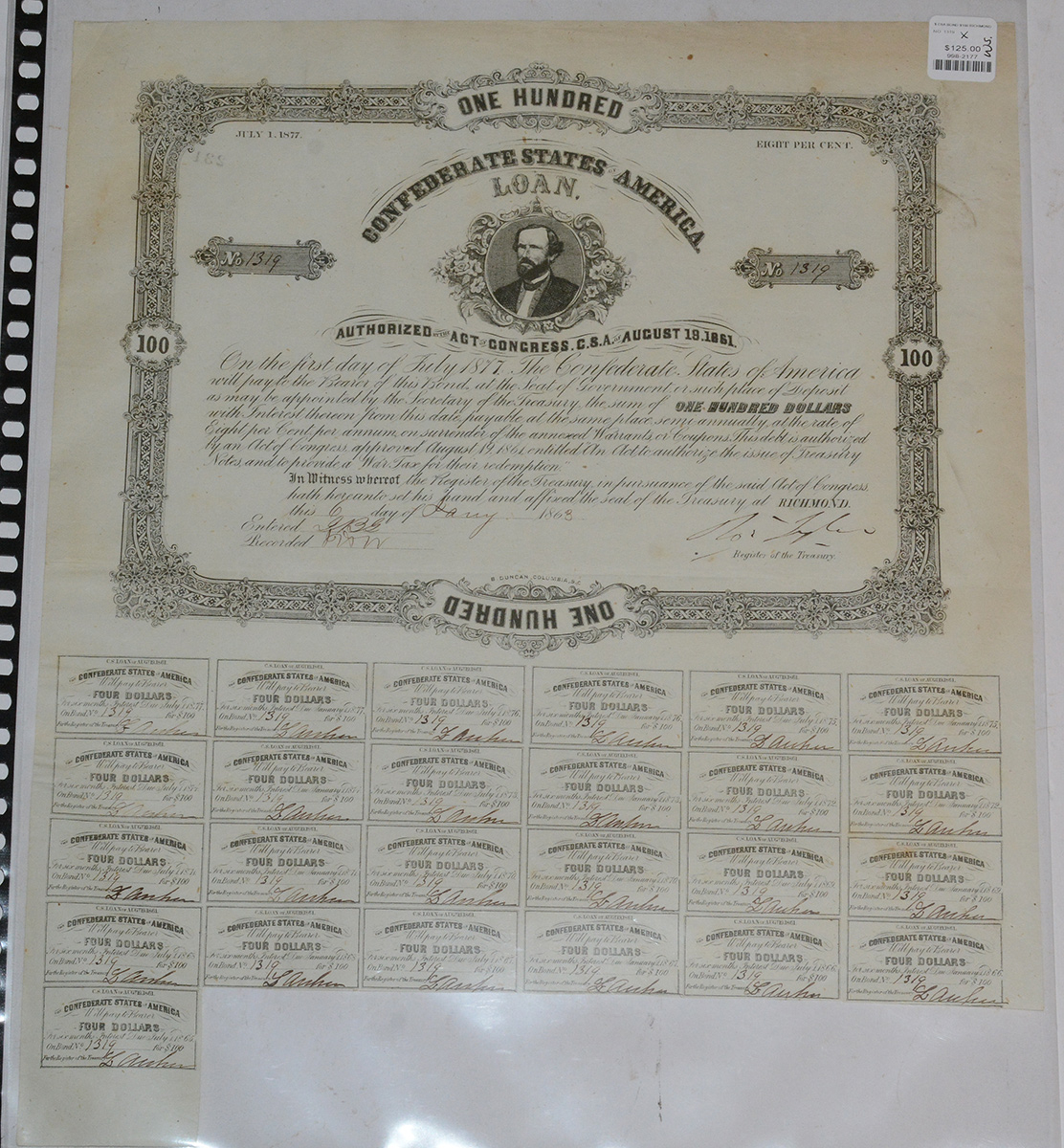 CONFEDERATE STATES OF AMERICA $100 BOND
