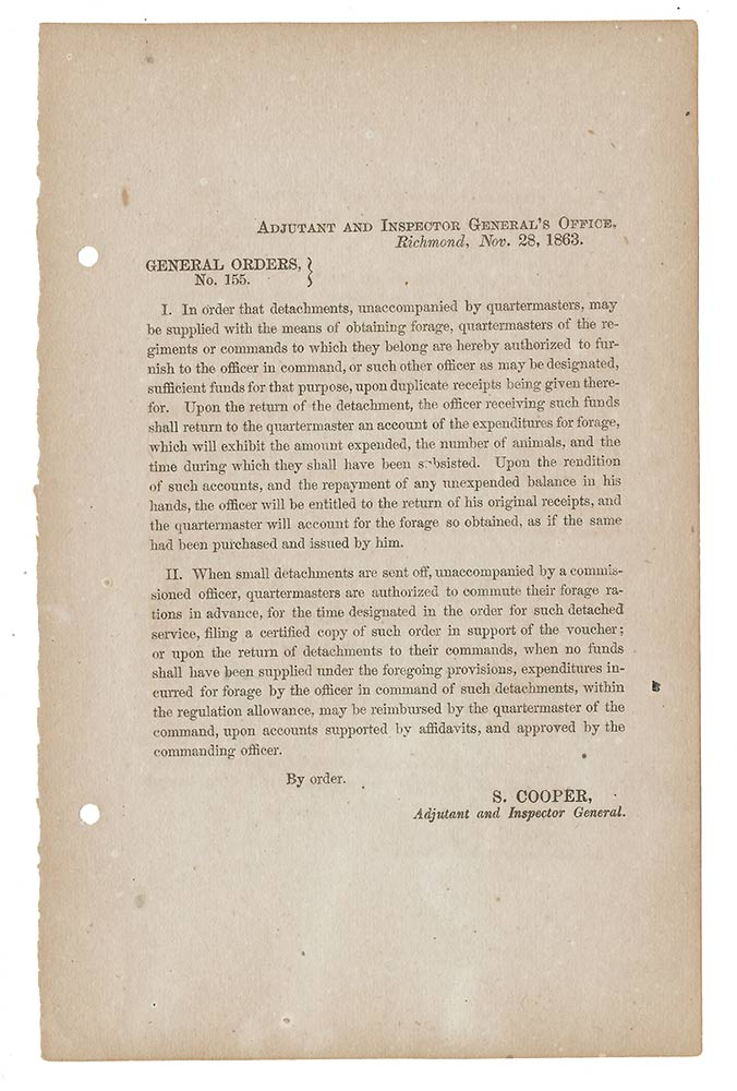 PRINTED CONFEDERATE GENERAL ORDER #155 OF NOVEMBER 28, 1863