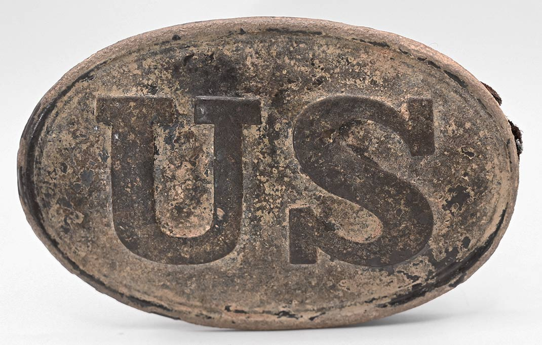 U.S. BELT PLATE WITH REMAINS OF LEATHER RECOVERED BY SYD KERKSIS IN DECEMBER 1955 AT PICKETT’S MILL, FOURTH CORPS, ATLANTA CAMPAIGN