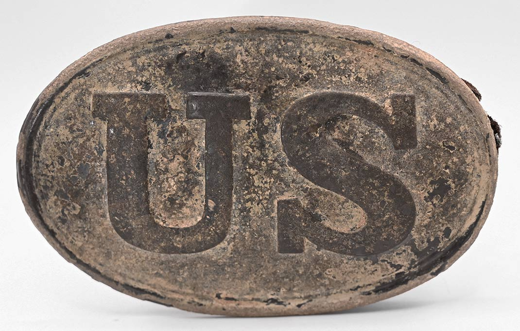 U.S. BELT PLATE WITH REMAINS OF LEATHER RECOVERED BY SYD KERKSIS IN DECEMBER 1955 AT PICKETT’S MILL, FOURTH CORPS, ATLANTA CAMPAIGN