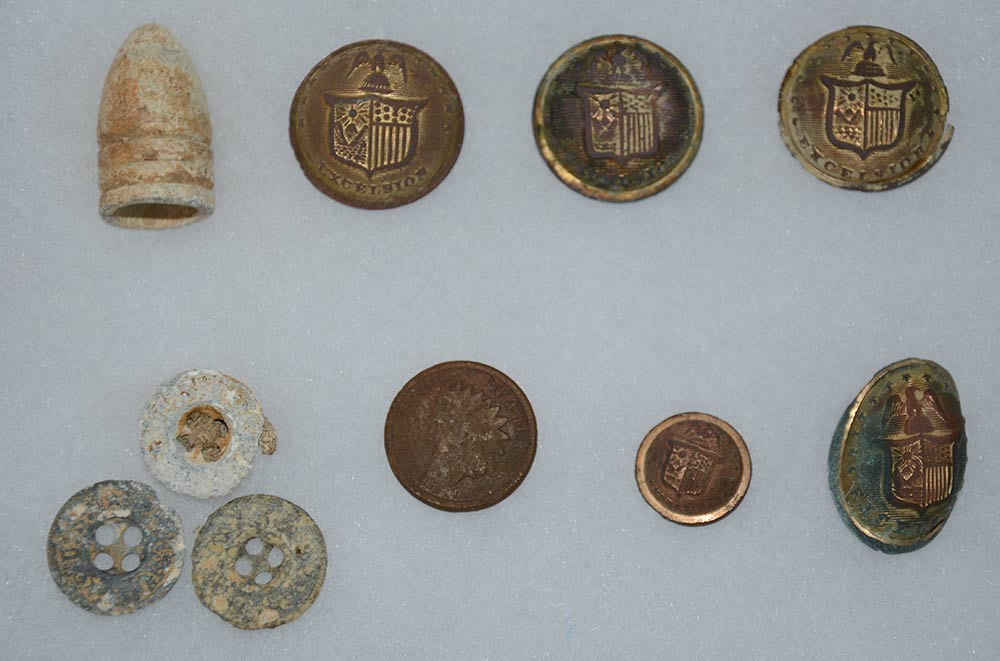RELICS FROM MINERAL SPRINGS ROAD, CHANCELLORSVILLE – NY BUTTONS, 1860 PENNY, BULLET