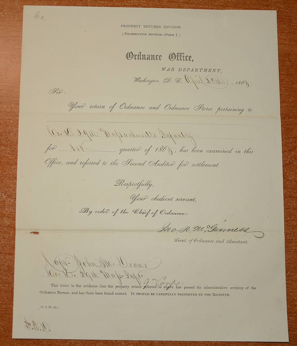 APRIL 1865 QUARTERMASTER ORDNANCE RETURN - CAPTAIN JOHN M. DEANE, 29TH MASS. INFANTRY