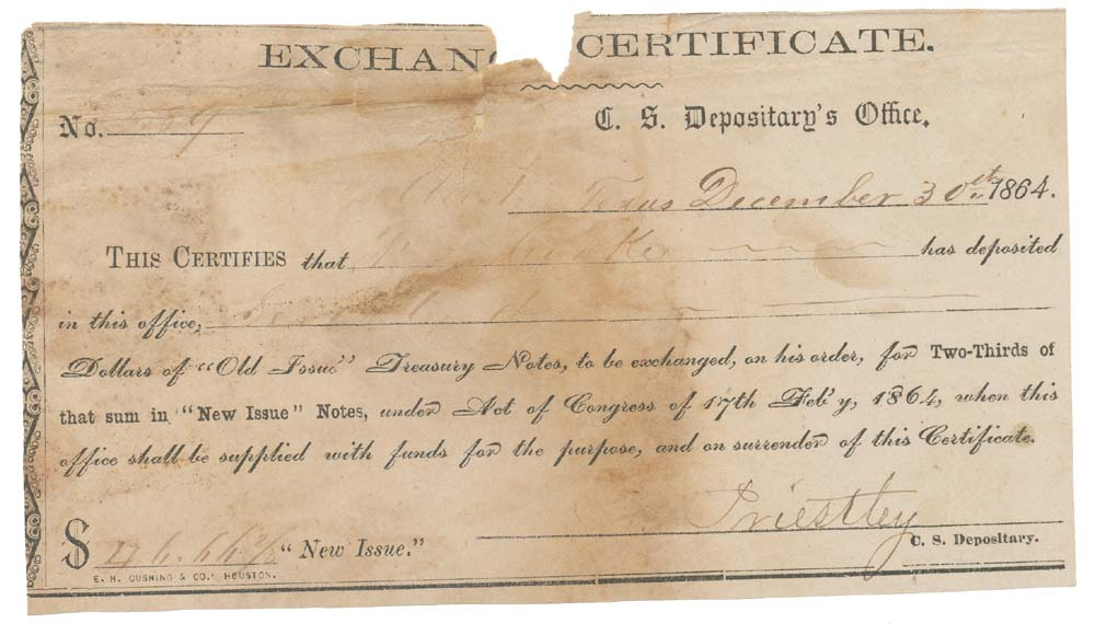 CONFEDERATE EXCHANGE CERTIFICATE