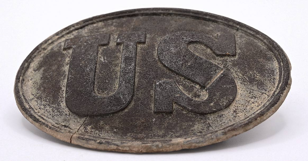 US BELT PLATE WITH LEATHER FRAGMENTS FROM 2nd MANASSAS, EX-KERKSIS