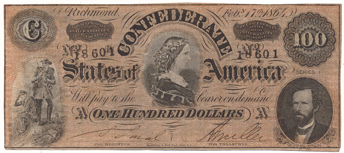 $100 NOTE OF THE CONFEDERATE STATES OF AMERICA, FEBRUARY 17th 1864