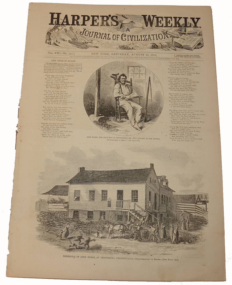 HARPER’S WEEKLY, NEW YORK, AUGUST 22, 1863 – JOHN BURNS, BATTLE OF GETTYSBURG