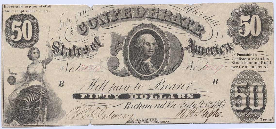 $50 NOTE OF THE CONFEDERATE STATES OF AMERICA FEATURING GEORGE WASHINGTON DATED JULY 25th 1861