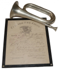 GERMAN SILVER BUGLE AND DISCHARGE OF BEVERLY W. MUSSELMAN, COMPANY MUSICIAN AND PRINCIPAL MUSICIAN: 13th PA Militia, 178th PA, 210th PA. MENTIONED IN A 1915 COUNTY HISTORY