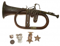 CIVIL WAR MUSICIAN’S GROUPING INCLUDING WARTIME IDENTIFICATION DISK, IDENTIFICATION SHIELD, AND FREEMANTLE ROTARY VALVE CORNET/VALVED BUGLE: JOHN J. WEAVER- 10th and 56th PA- AND CUTLER’S BRIGADE BAND 1861-1865