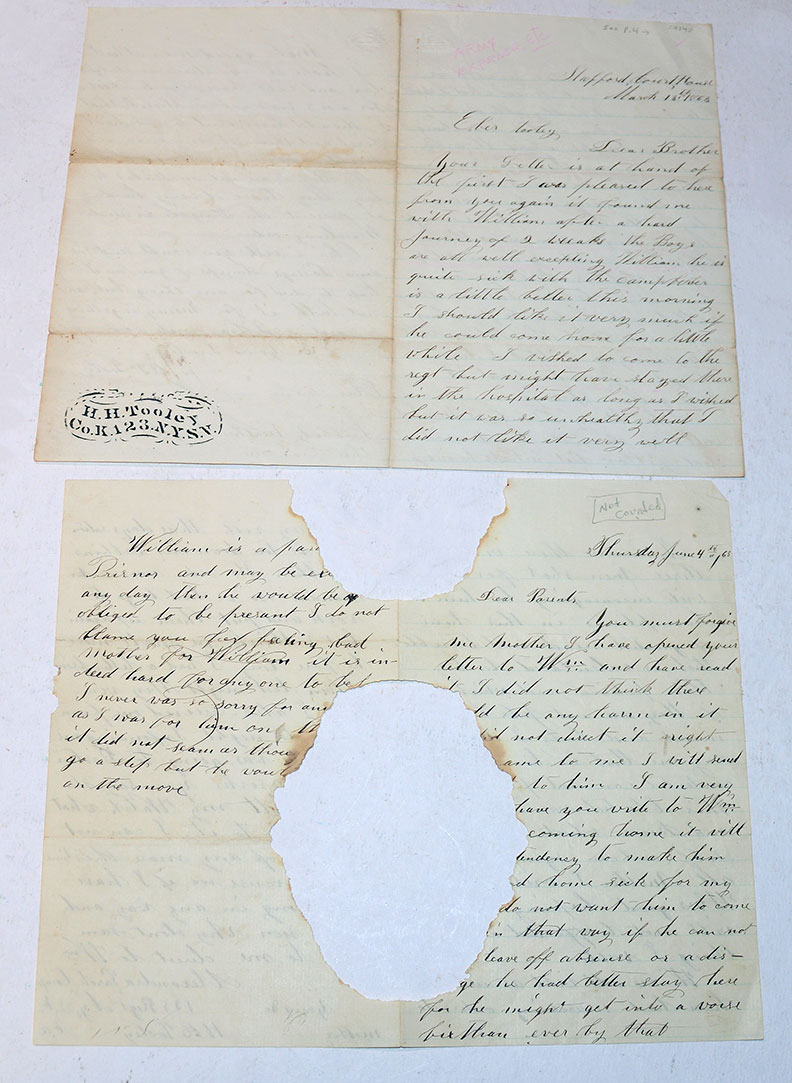 PAIR OF LETTERS FROM SOLDIER IN 123RD NEW YORK INFANTRY, KIA IN 1864