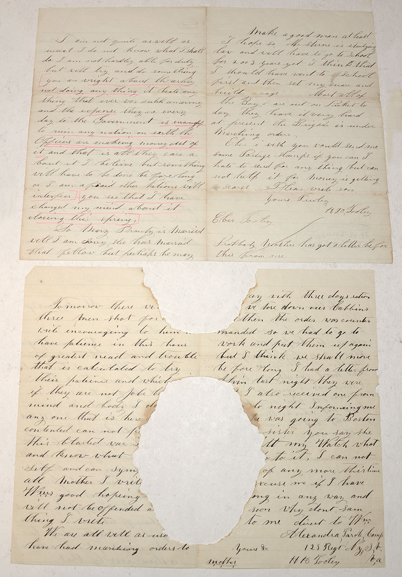 PAIR OF LETTERS FROM SOLDIER IN 123RD NEW YORK INFANTRY, KIA IN 1864 ...