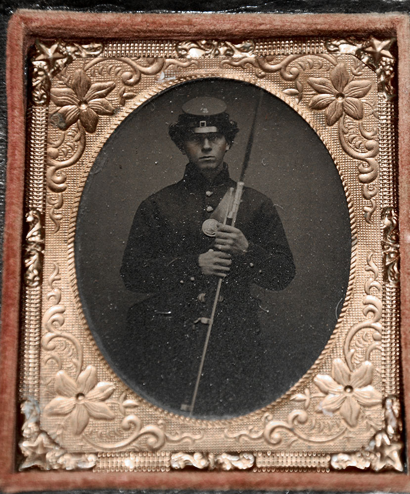 NICE NINTH-PLATE AMBROTYPE OF SAD FACED UNION SOLDIER WITH MUSKET – 43rd REGIMENT