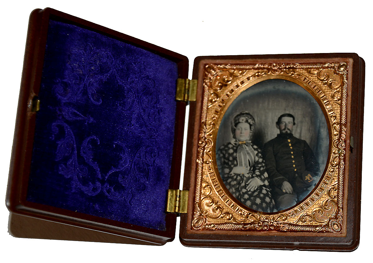 SIXTH-PLATE AMBROTYPE OF A UNION SOLDIER AND WIFE IN A UNION CASE