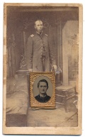 FULL STANDING VIEW OF A UNION CAPTAIN WITH GEM SIZED TINTYPE OF A YOUNGER SOLDIER ATTACHED 