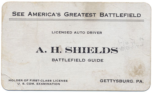 ARTHUR HARRISON SHIELDS BATTLEFIELD GUIDE BUSINESS CARD, C1930’S