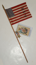 HANDHELD 36 STAR US FLAG WITH GAR MEMBERSHIP BADGE AND POST CARD