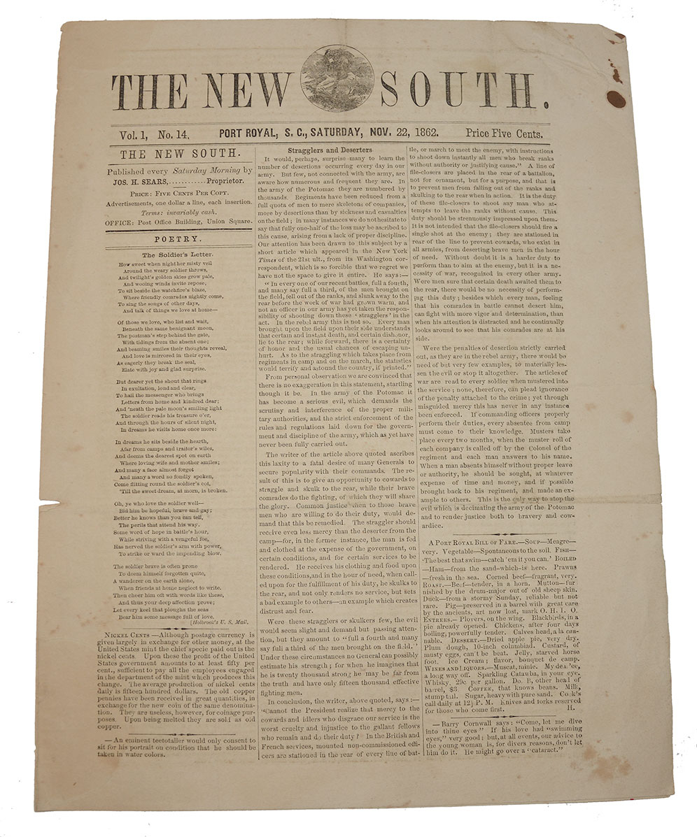 UNION OCCUPATION NEWSPAPER THE NEW SOUTH - PORT ROYAL, S.C., NOVEMBER 22, 1863