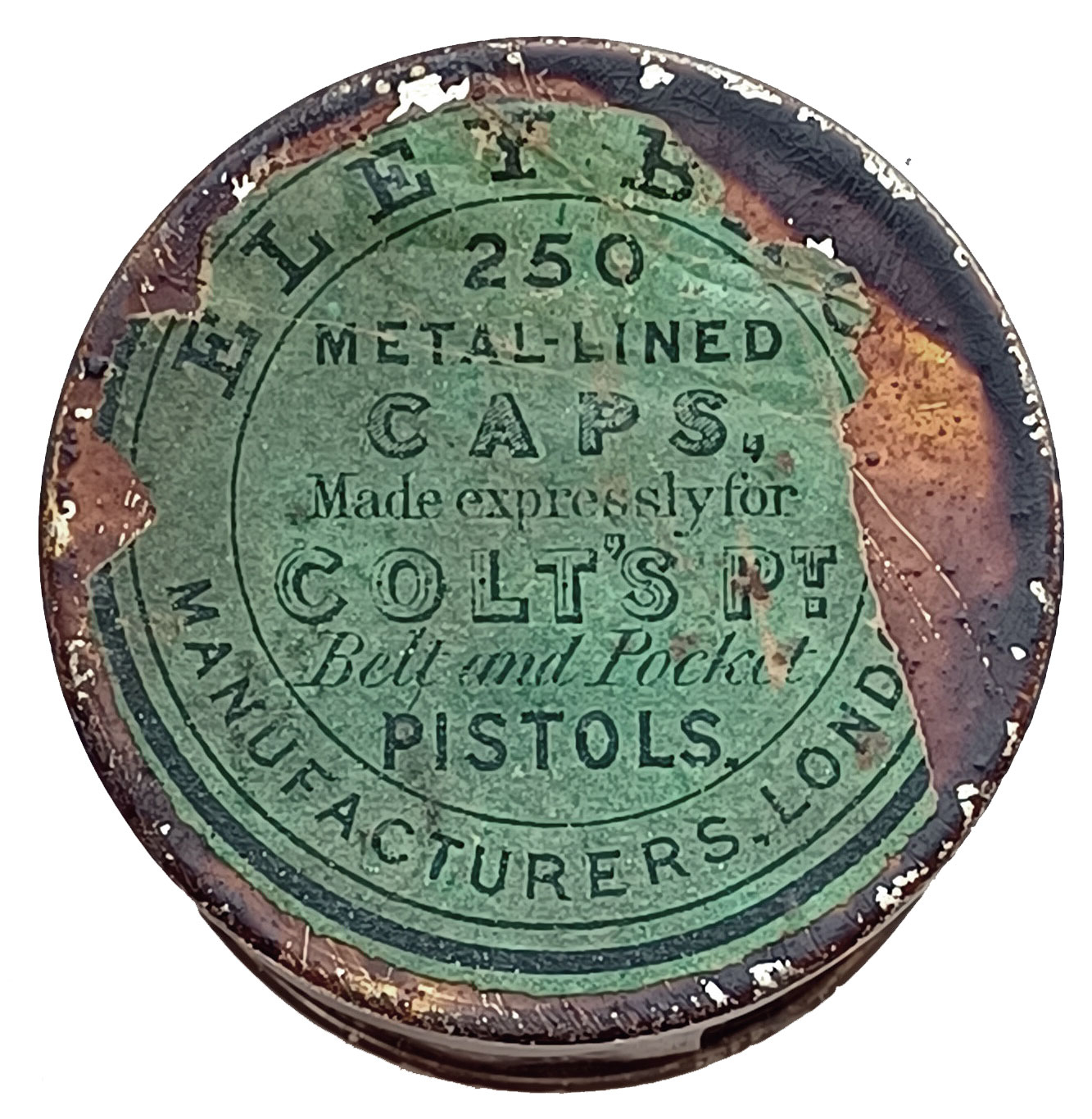 RARE 250-COUNT CIVIL WAR ERA ELEY BROS CAP TIN WITH LABEL FOR COLT’S PISTOLS