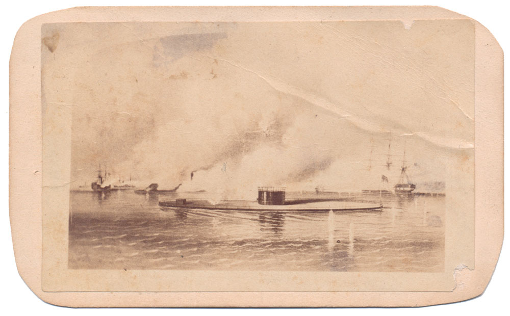 LITHOGRAPH CDV OF THE FIGHT BETWEEN THE USS MONITOR AND THE CSS VIRGINIA