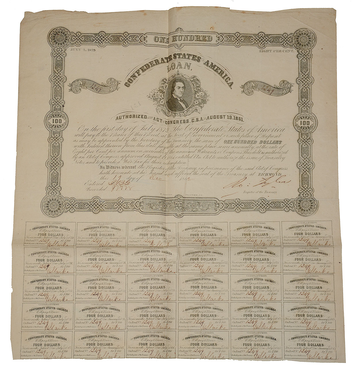 $100 CONFEDERATE BOND ISSUED IN 1862