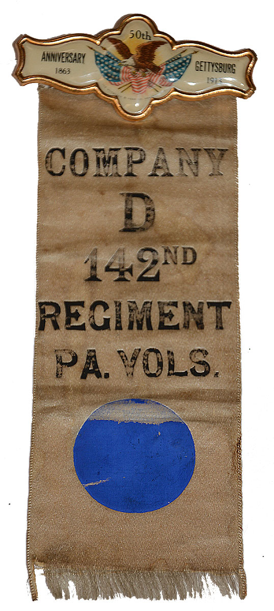 50TH ANNIVERSARY BATTLE OF GETTYSBURG REUNION RIBBON OF COMPANY D, 142ND PA VOLUNTEERS