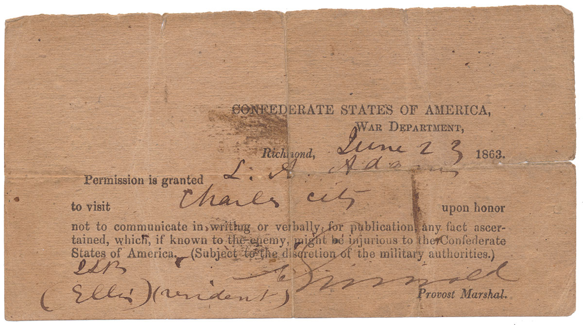 OFFICIAL CONFEDERATE WAR DEPARTMENT PASS