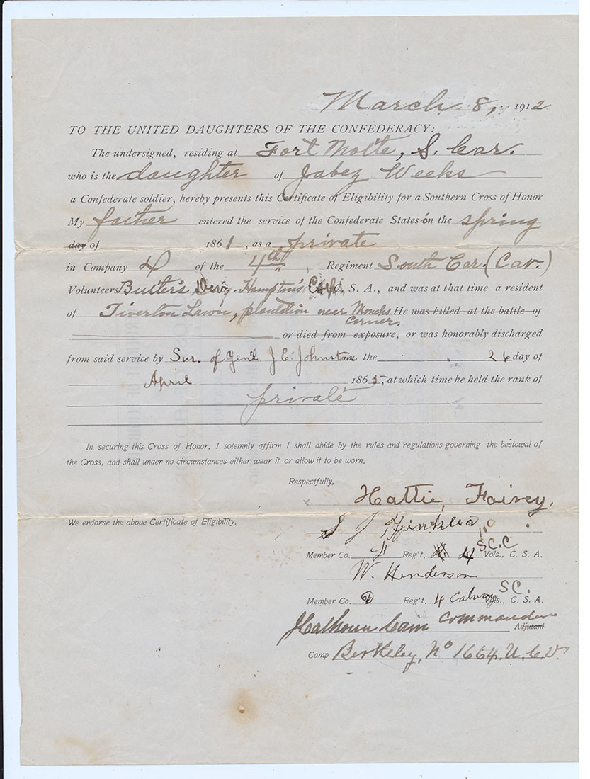 1912 APPLICATION FOR SOUTHERN CROSS OF HONOR FOR JABEZ WEEKS, 4TH SOUTH CAROLINA CAVALRY