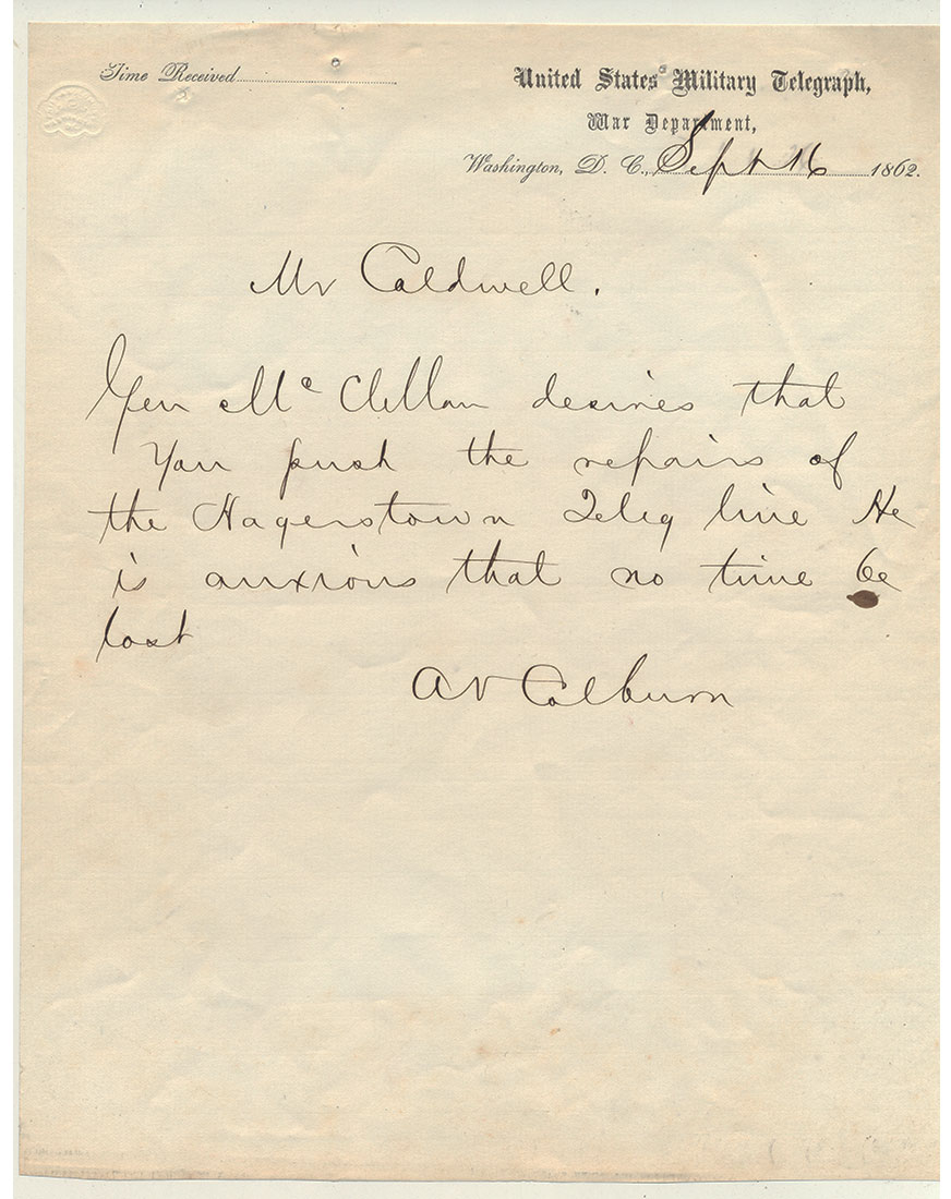 U.S. MILITARY TELEGRAPH - McCLELLAN AT ANTIETAM