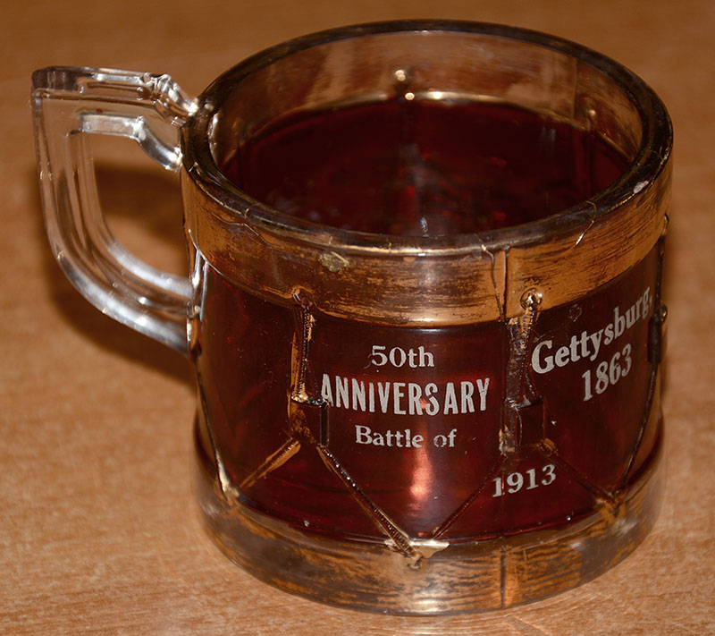 1913 GETTYSBURG 50TH ANNIVERSARY RUBY FLASH SOUVENIR DRUM MUG — Horse ...