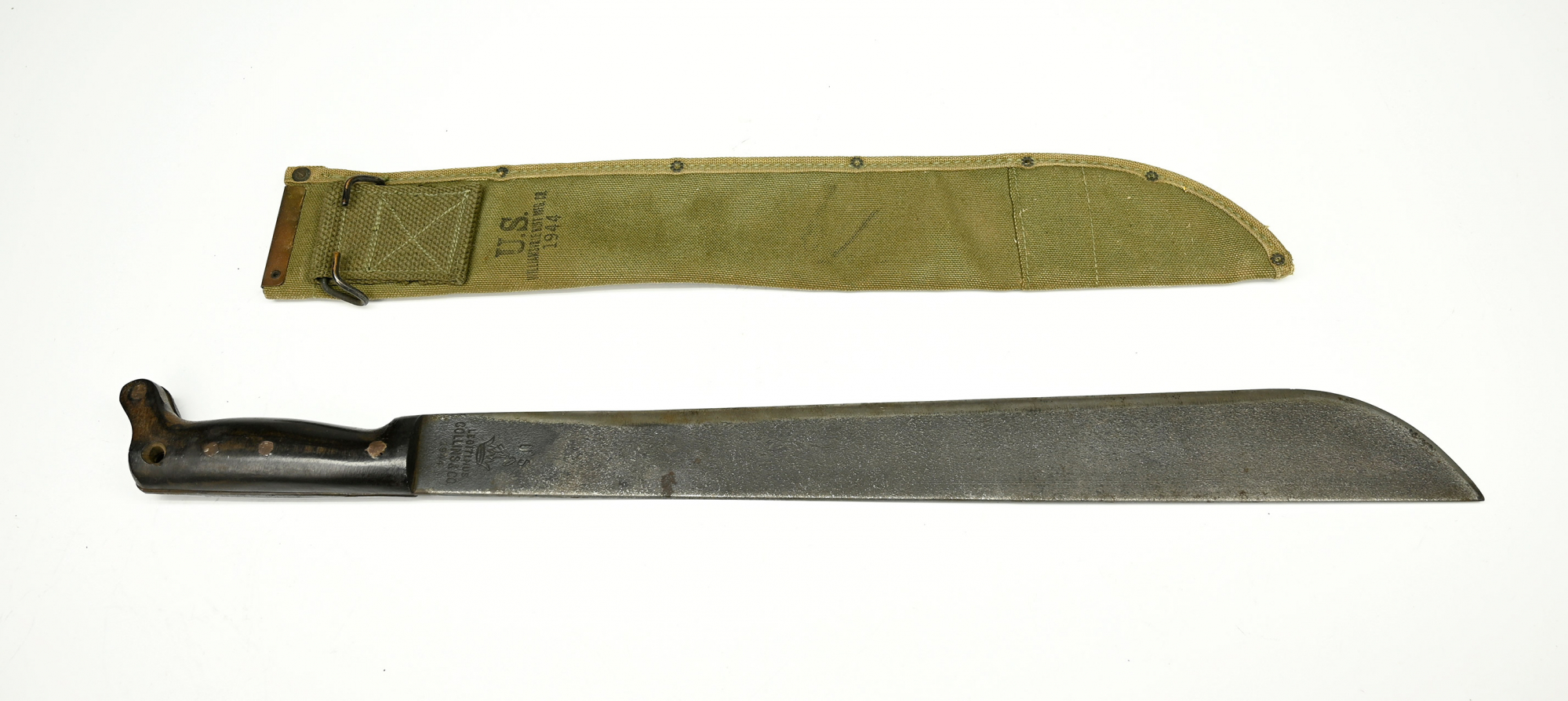 WW2 US ARMY COLLINS & CO. 18” MACHETE DATED 1944 WITH WOOD HANDLE