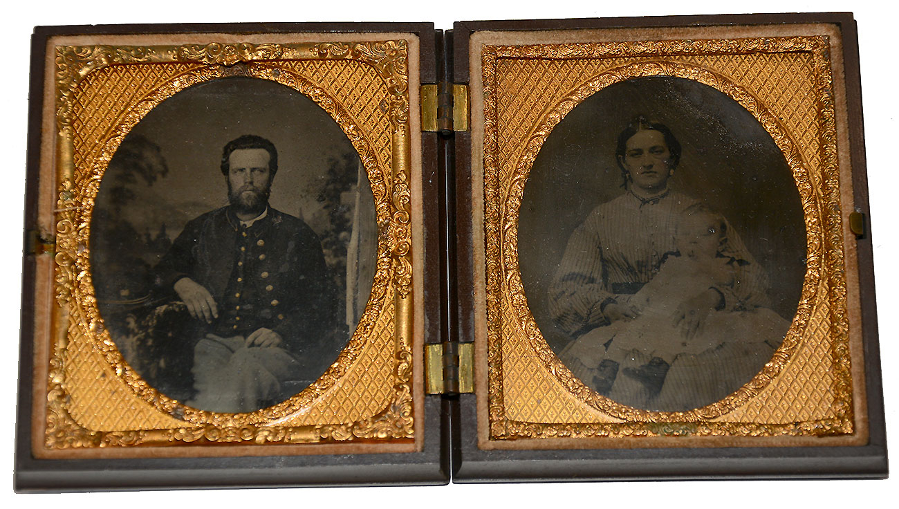 SUPERB DOUBLE SIXTH PLATE TINTYPES OF CIVIL WAR ENGINEER AND FAMILY CIVIL WAR SOLDIER