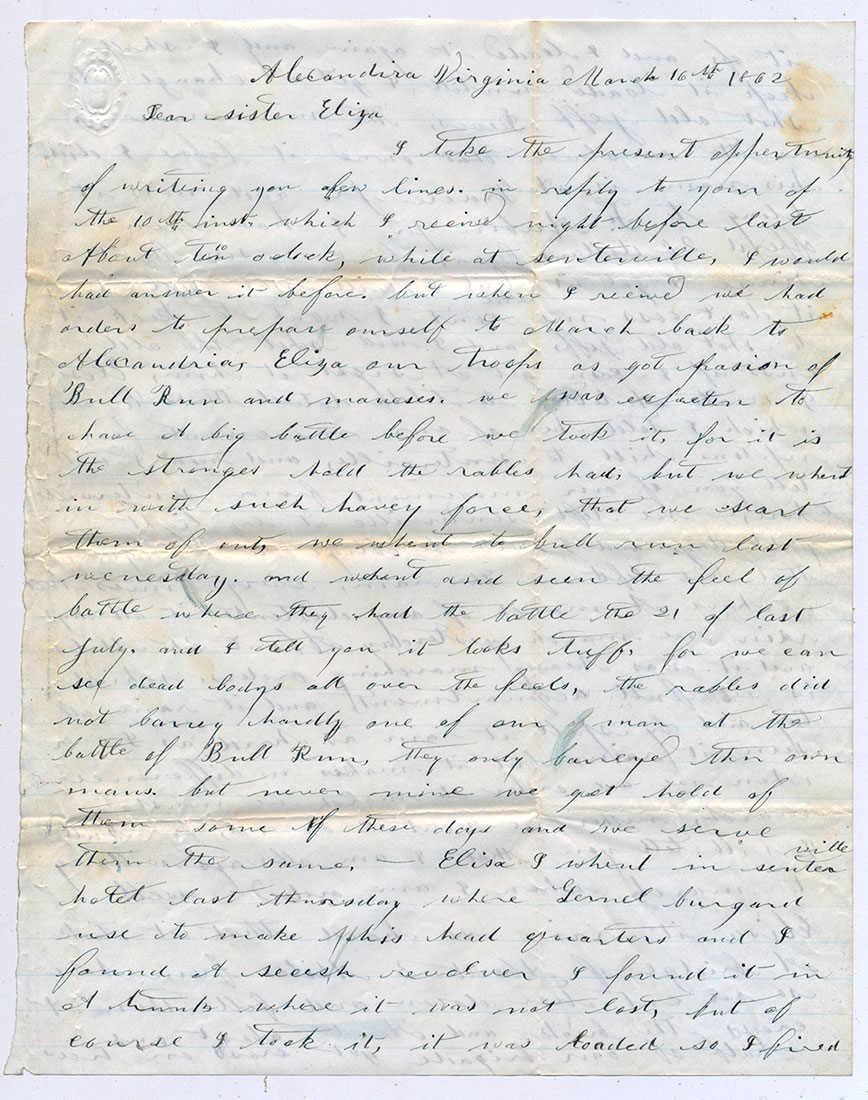 UNION SOLDIER LETTER - PRIVATE FRANCIS AUBIN, 22ND NEW YORK INFANTRY; MORTALLY WOUNDED AT SOUTH MOUNTAIN, MD, 9 /14/ 1862