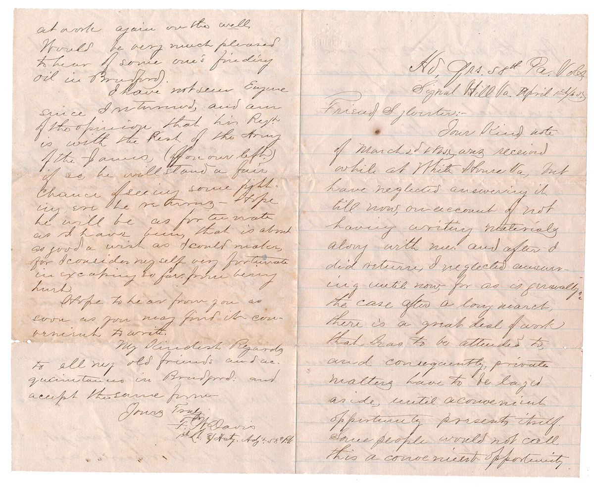 TWO UNION SOLDIER LETTERS, W/COVERS—1ST LIEUTENANT FRANK W. DAVIS, CO. “E”, 58TH PENNSYLVANIA INFANTRY