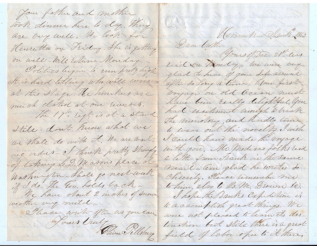 UNION SOLDIER LETTER WITH COVER - PRIVATE OLIVER S. PILLSBURY, 3RD MASSACHUSETTS RIFLES