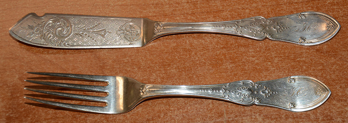 SILVER BUTTER KNIFE & FORK SET BY “JOHN H. TYLER & CO.”