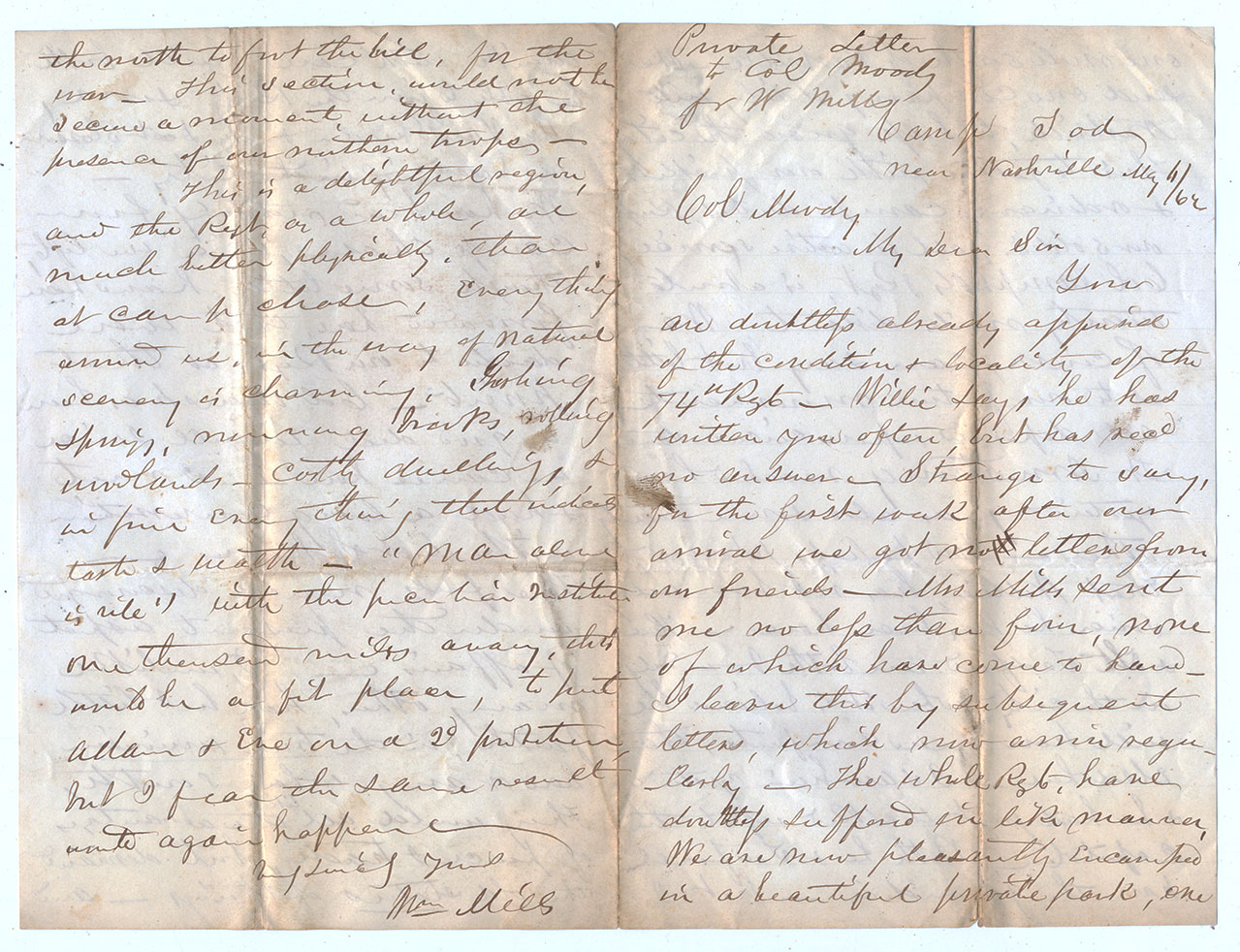 UNION SOLDIER LETTER—CAPT. WILLIAM MILLS, FIELD & STAFF, 74TH OHIO INFANTRY